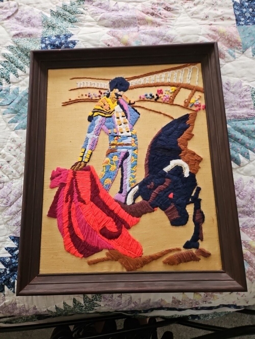 Handcrafted Embroidered Crewel Matador Artwork - Multicolor 70s Framed